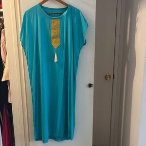 NWOT Turquoise Kaftan with Gold Embroidery OS